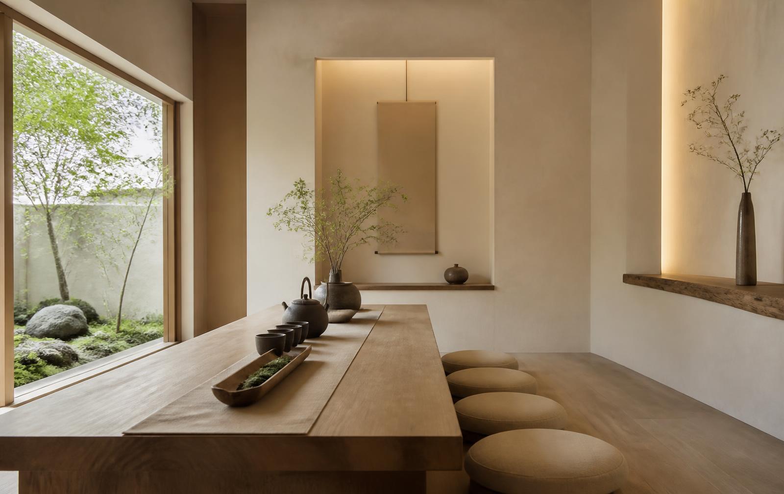 Minimal tea room with a long wooden table and daylight